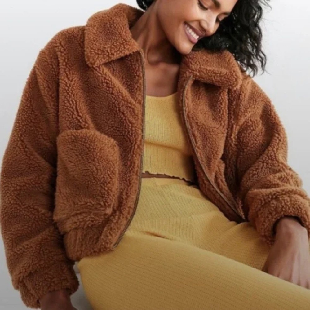 Bagatelle NYC | Cropped Teddy Sherpa Full Zip Jacket in‎ Orange/Brown